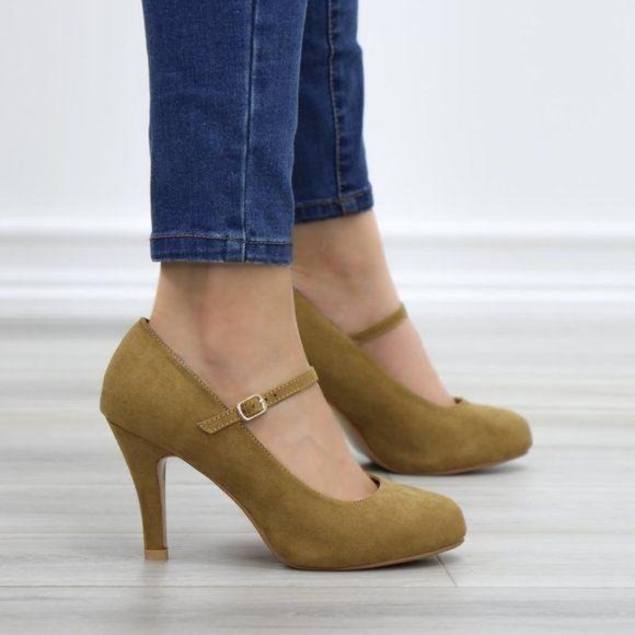 Taupe Suede Low Heel Rockabilly Pumps - Picture 5 of 11